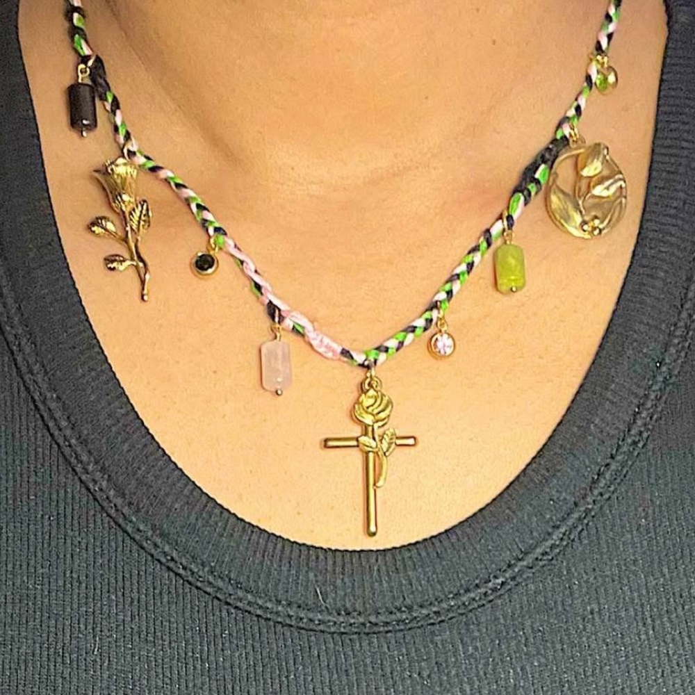 Spring/Summer 26’ GreenPinkBlack Cotton Rope Flower Cross Charm Necklace🖤🌱🪷 - Picture 1 of 1